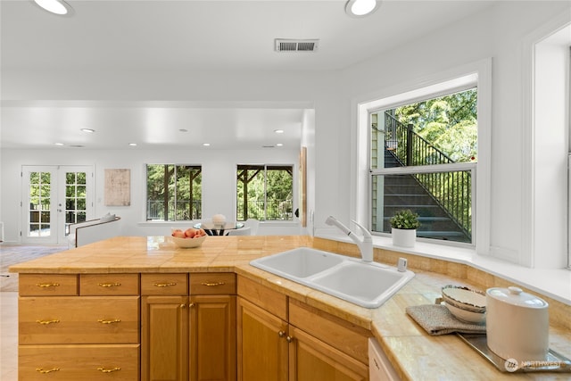 kitchen with french doors, sink, and a healthy amount of sunlight