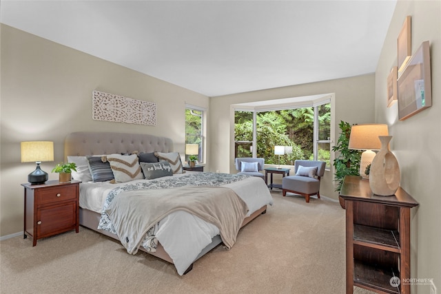 bedroom with light colored carpet