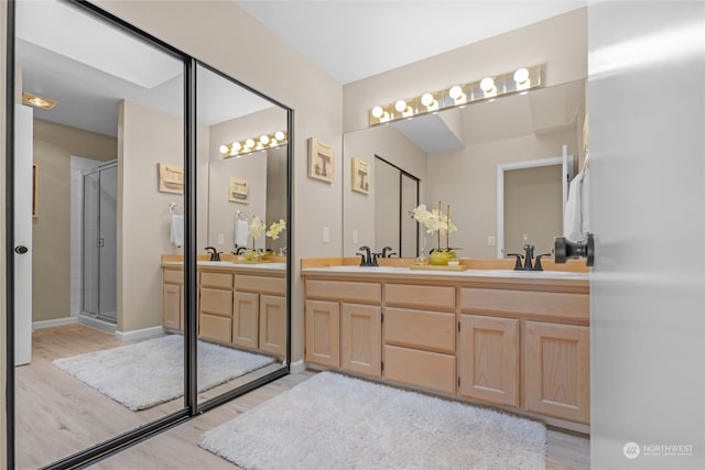 bathroom with wood-type flooring, vanity, and a shower with shower door