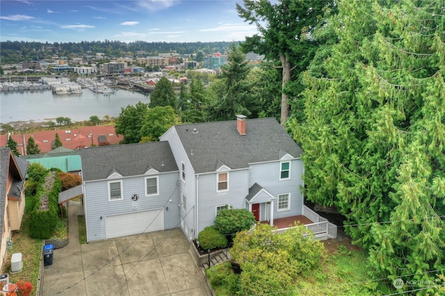 aerial view featuring a water view