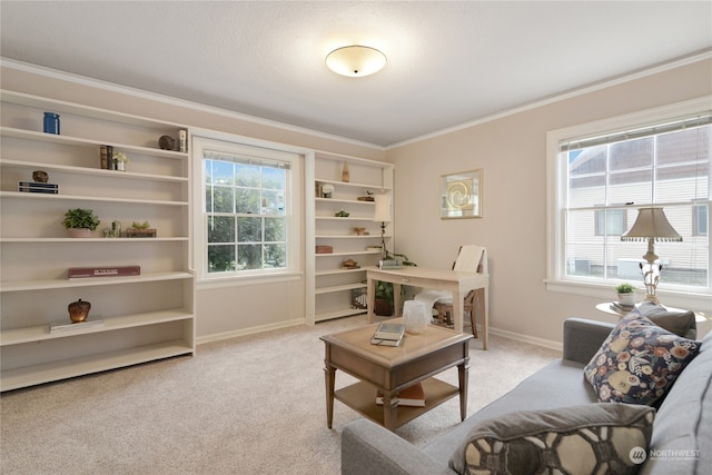 carpeted living room with ornamental molding