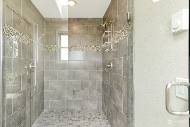 bathroom with a shower with shower door