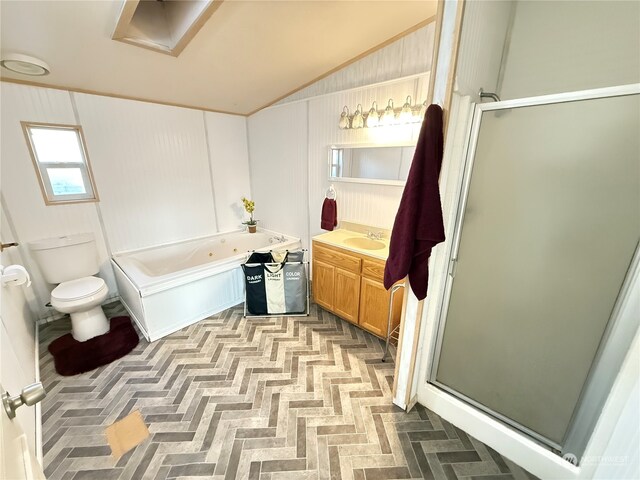 full bathroom featuring vanity, toilet, wooden walls, shower with separate bathtub, and vaulted ceiling