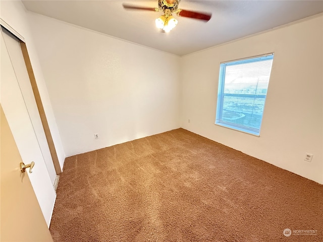 spare room featuring ceiling fan and carpet flooring