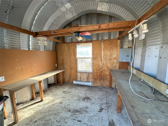 storage room featuring a baseboard radiator, ceiling fan, and electric panel