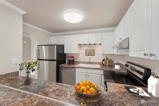 kitchen with white cabinets, appliances with stainless steel finishes, crown molding, and sink