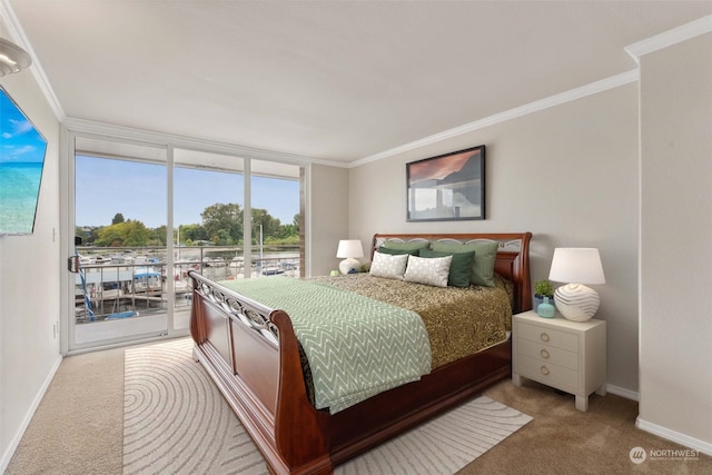 bedroom featuring access to outside, carpet, and crown molding