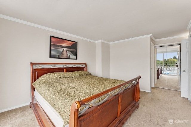 bedroom with access to outside, light carpet, and ornamental molding