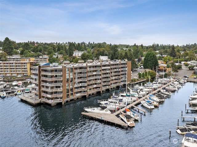 drone / aerial view featuring a water view