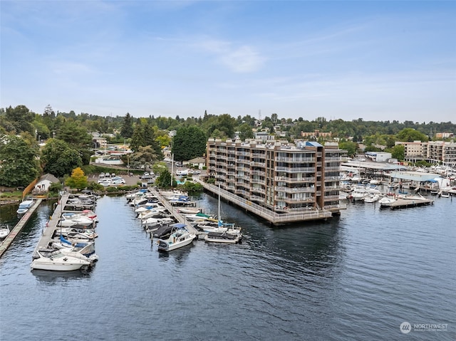 birds eye view of property featuring a water view