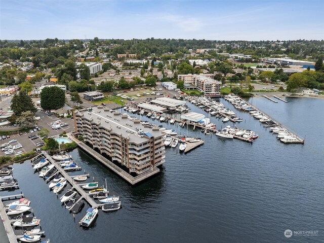 bird's eye view with a water view