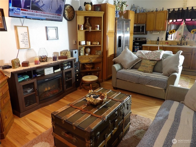 living room with sink and light hardwood / wood-style floors