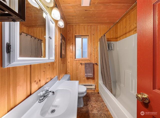 full bathroom with shower / bath combination with curtain, wood walls, toilet, and wooden ceiling