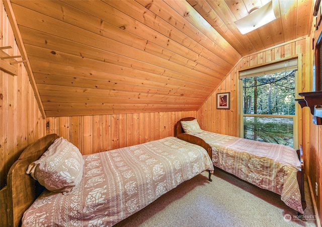 bedroom featuring wood ceiling, wooden walls, lofted ceiling, and carpet