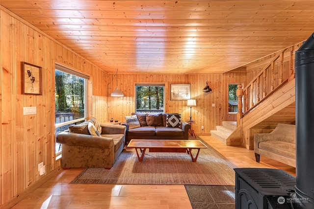 living room with wood-type flooring, wood walls, and wooden ceiling