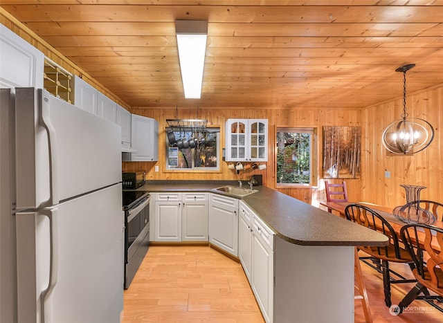 kitchen with white refrigerator, white cabinets, wood walls, stainless steel range with electric stovetop, and wooden ceiling