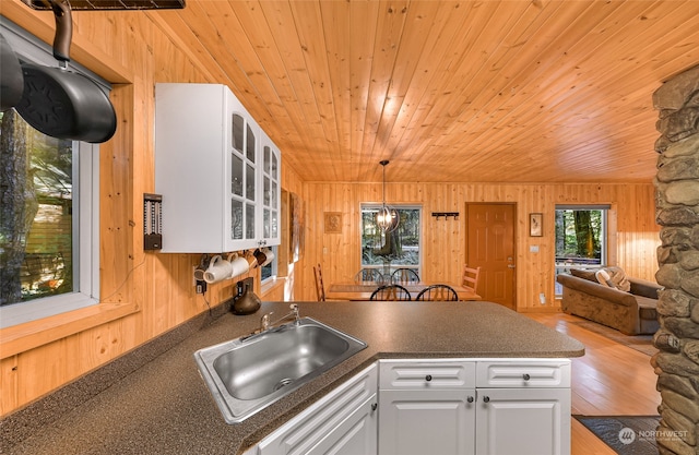 kitchen featuring white cabinets, wood walls, wooden ceiling, and sink