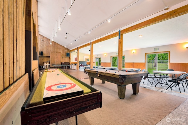 recreation room featuring wood walls, vaulted ceiling, track lighting, and billiards