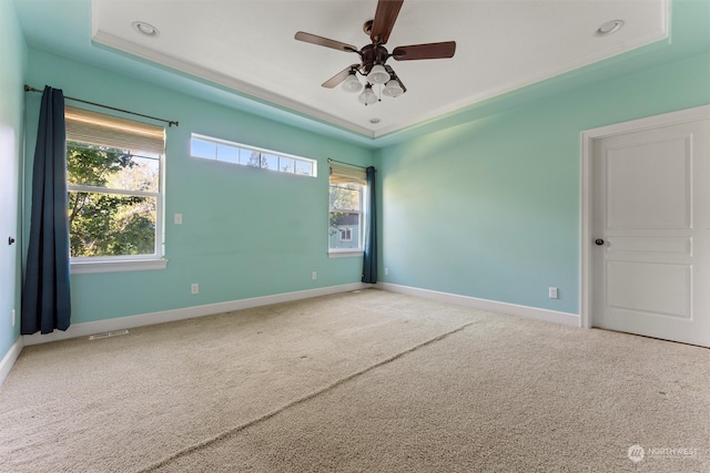 unfurnished room featuring a raised ceiling, carpet, and ceiling fan