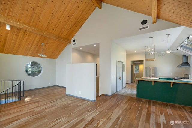 unfurnished living room with beam ceiling, high vaulted ceiling, and light hardwood / wood-style flooring