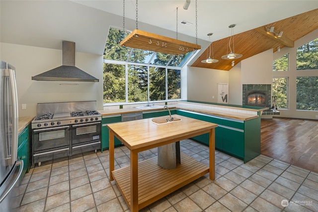 kitchen featuring wall chimney exhaust hood, light hardwood / wood-style flooring, stainless steel appliances, and plenty of natural light