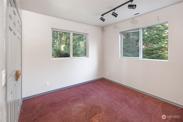 carpeted empty room featuring rail lighting