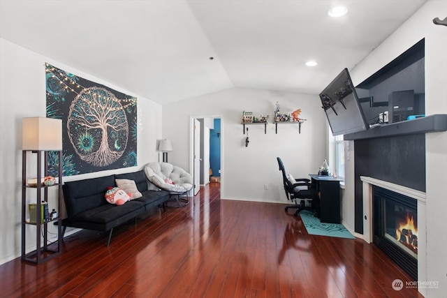 office area with wood-type flooring and lofted ceiling