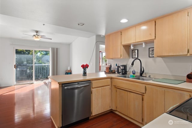 kitchen with stainless steel dishwasher, sink, ceiling fan, and plenty of natural light