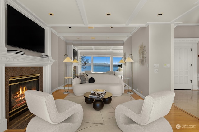 living room with light hardwood / wood-style floors, a fireplace, ornamental molding, and a water view