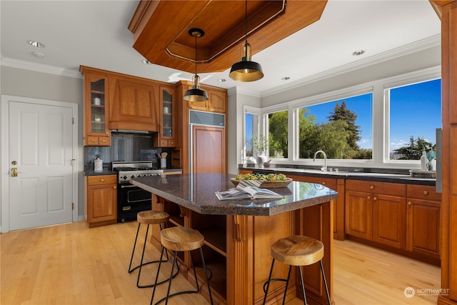 kitchen featuring a kitchen island, a breakfast bar, high quality appliances, crown molding, and light hardwood / wood-style floors