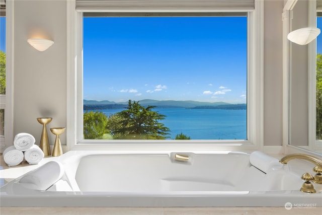 bathroom featuring a bathtub, a water and mountain view, and plenty of natural light