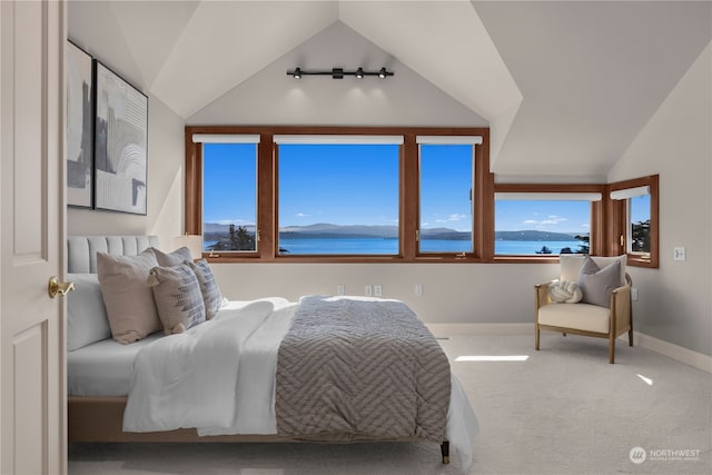 carpeted bedroom featuring vaulted ceiling and a water view