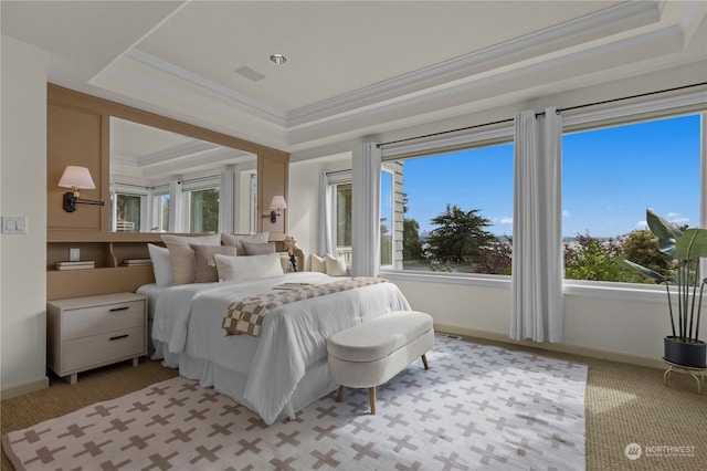 carpeted bedroom with ornamental molding, multiple windows, and a raised ceiling