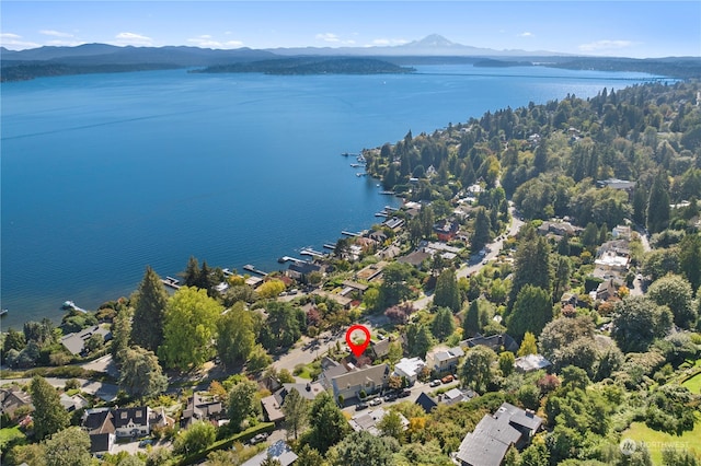 drone / aerial view with a water and mountain view