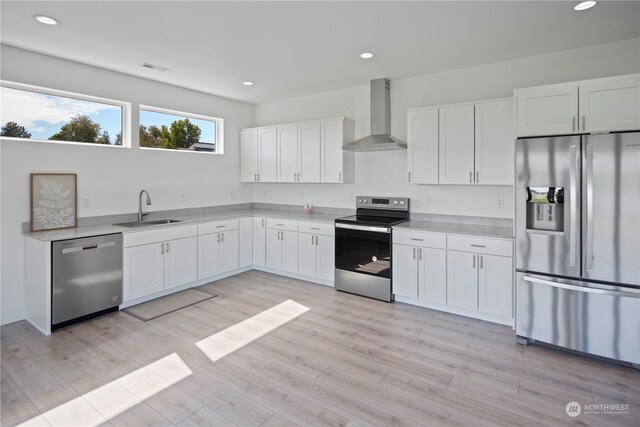 kitchen featuring appliances with stainless steel finishes, sink, white cabinetry, and wall chimney range hood