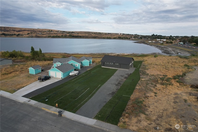 drone / aerial view featuring a water view