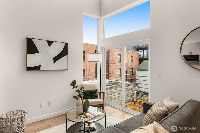 living area with baseboards, wood finished floors, and a towering ceiling
