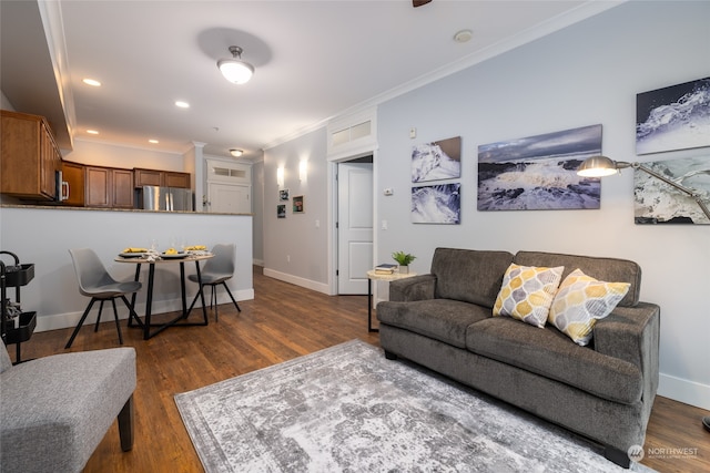 living room with crown molding and dark wood-type flooring