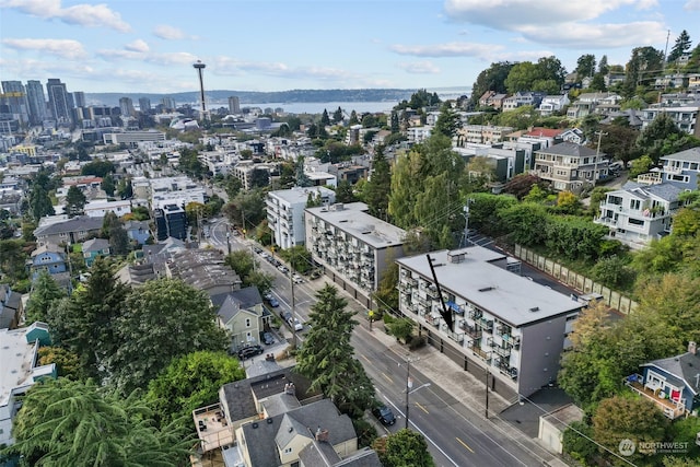 bird's eye view with a water view