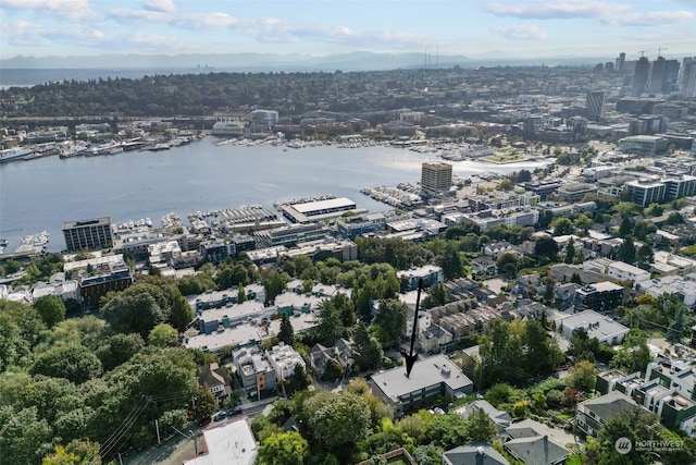 drone / aerial view with a water view