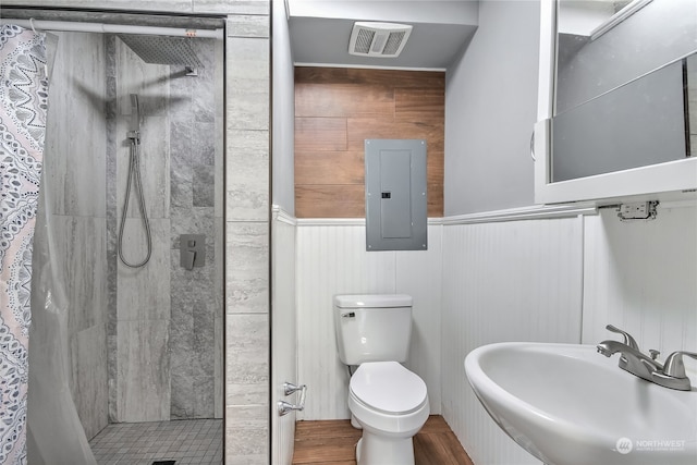 bathroom featuring sink, toilet, a shower with curtain, hardwood / wood-style flooring, and electric panel