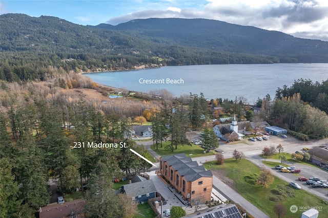 birds eye view of property with a water and mountain view