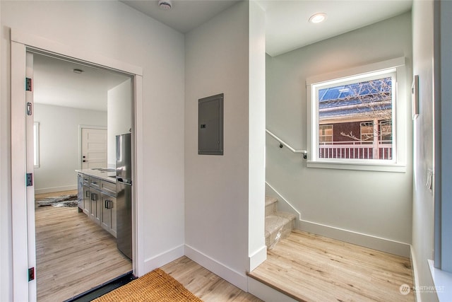 hall featuring electric panel and light wood-type flooring