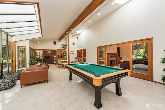 rec room featuring high vaulted ceiling, track lighting, a ceiling fan, beam ceiling, and billiards