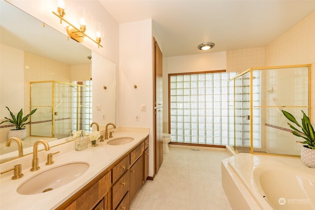full bath featuring double vanity, a sink, a bath, and a shower stall