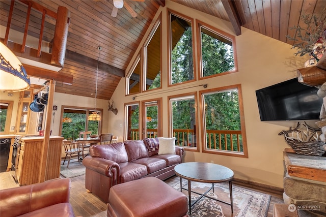 living room with high vaulted ceiling, light hardwood / wood-style floors, wooden ceiling, and beamed ceiling