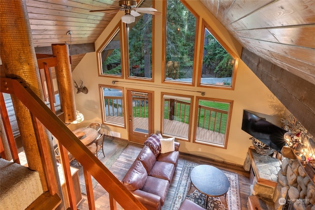 living room featuring ceiling fan, wood-type flooring, high vaulted ceiling, and wood ceiling