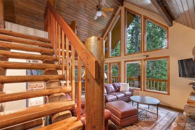 living room featuring wood ceiling, hardwood / wood-style flooring, ceiling fan, high vaulted ceiling, and beam ceiling