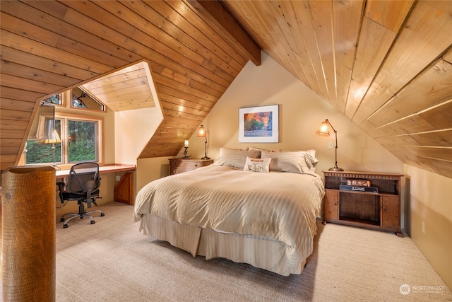 carpeted bedroom with wooden ceiling and vaulted ceiling with beams