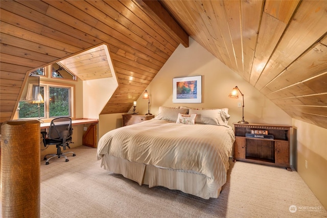 bedroom with wood ceiling, carpet, and lofted ceiling
